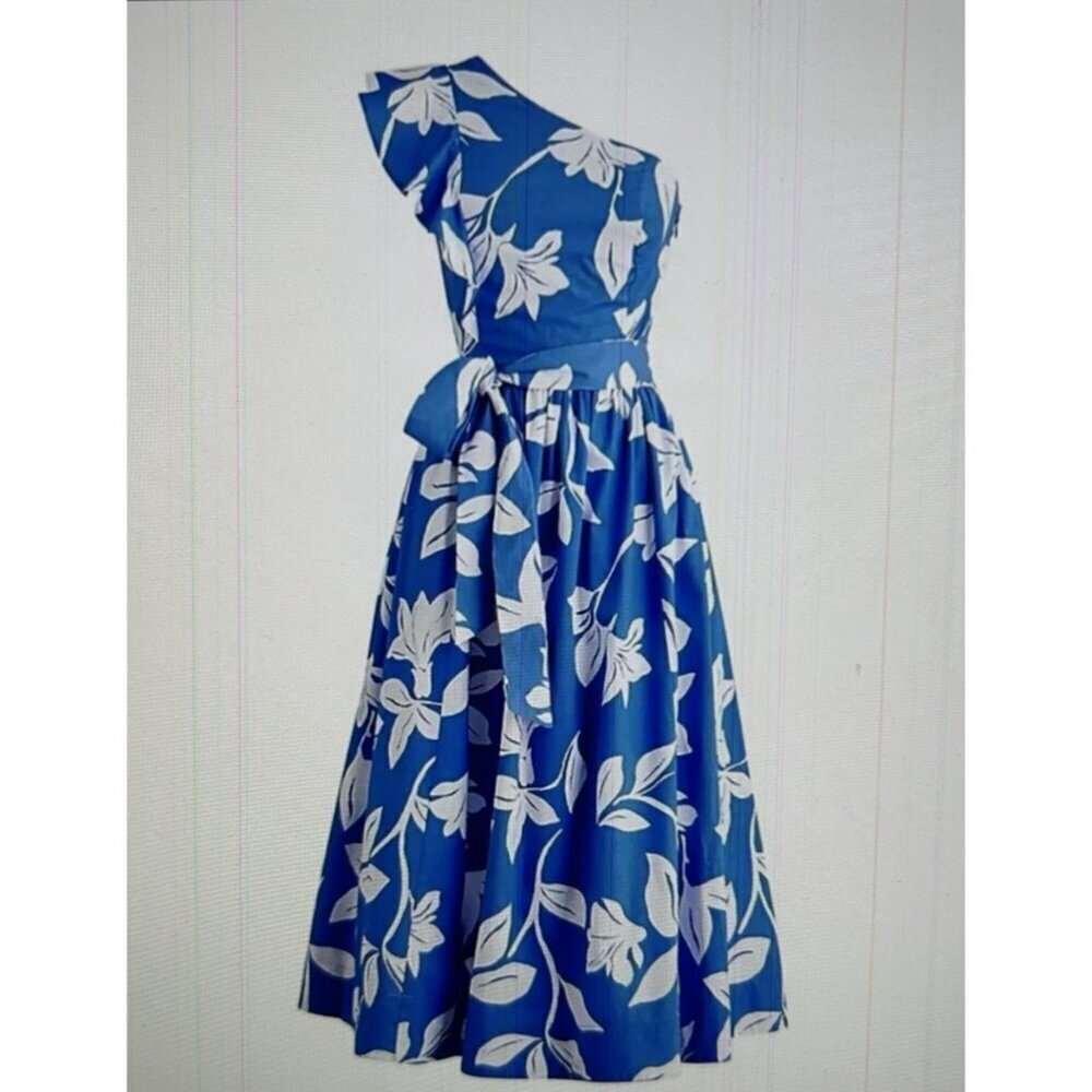 J.Crew One Shoulder Midi Dress Blue Floral Ruffle Pockets Cotton Tie Waist Sz 20